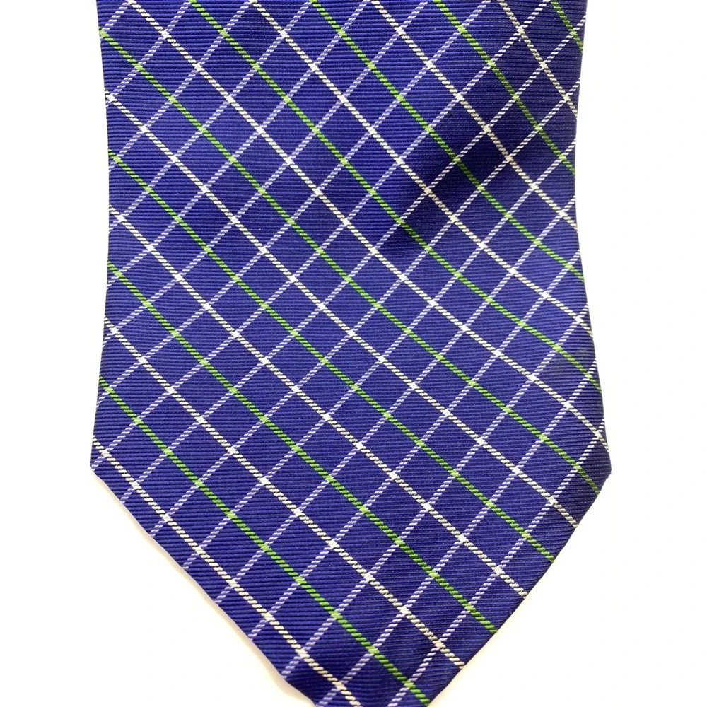 Ralph Lauren Men Blue Green White Plaid Silk Neck Tie Hand Finished Made USA New